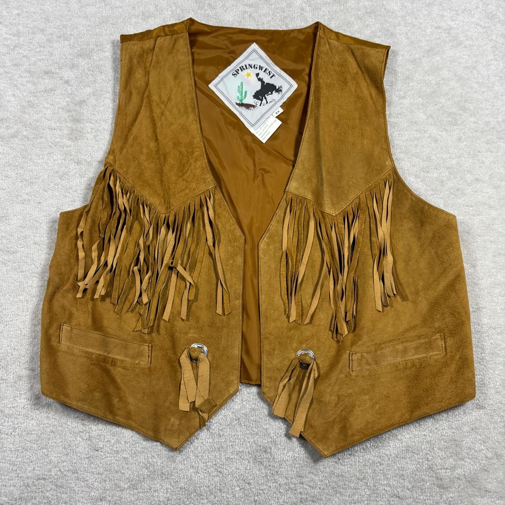 Springwest Vest Unisex 2X Tan Leather Suede Fringe Western Concho Cinch Back‎